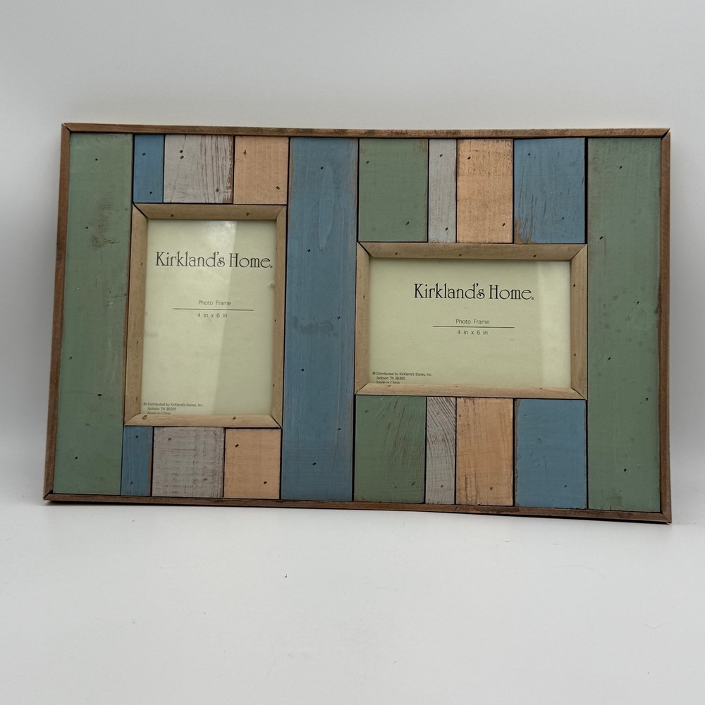 Kirklands Home Rustic Wood Plank Double Photo Frame 4x6 Blue Green Tan 8FB2550